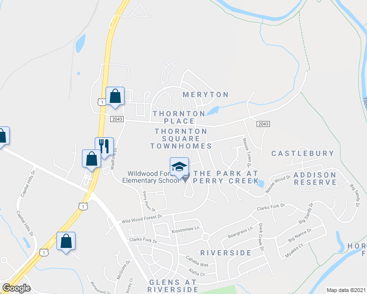map of restaurants, bars, coffee shops, grocery stores, and more near 5111 Neuse Commons Lane in Raleigh