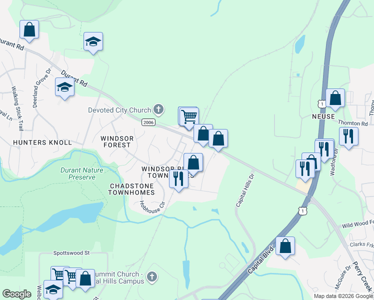 map of restaurants, bars, coffee shops, grocery stores, and more near 9210 Grassington Way in Raleigh