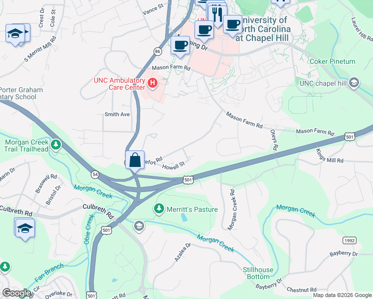 map of restaurants, bars, coffee shops, grocery stores, and more near 131 Purefoy Road in Chapel Hill
