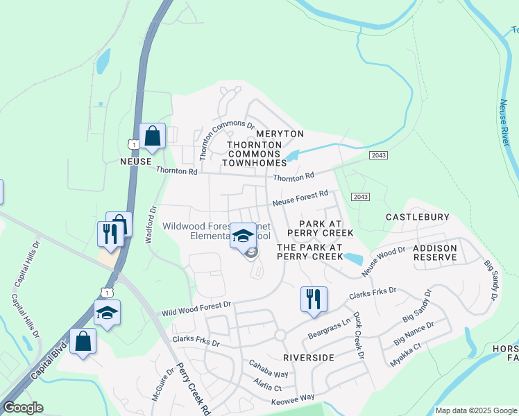 map of restaurants, bars, coffee shops, grocery stores, and more near 106 Neuse Commons Lane in Raleigh