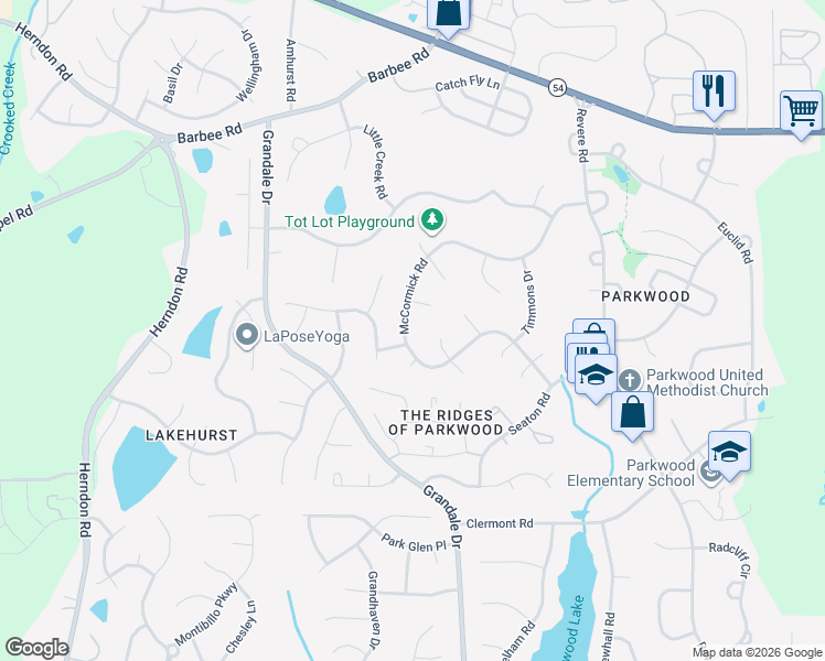 map of restaurants, bars, coffee shops, grocery stores, and more near 5315 McCormick Road in Durham