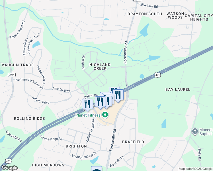 map of restaurants, bars, coffee shops, grocery stores, and more near 2906 Casona Way in Raleigh