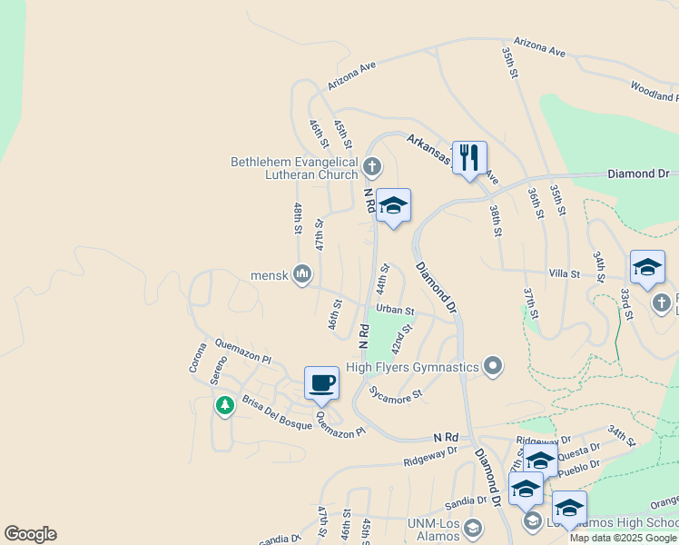 map of restaurants, bars, coffee shops, grocery stores, and more near 2189 46th Street in Los Alamos