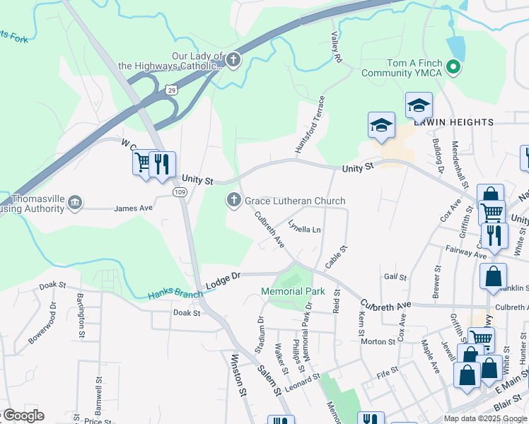 map of restaurants, bars, coffee shops, grocery stores, and more near 14 Culbreth Ave in Thomasville