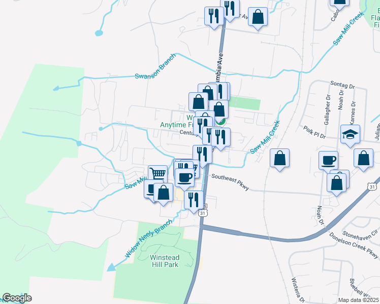 map of restaurants, bars, coffee shops, grocery stores, and more near 1000 Isleworth Drive in Franklin
