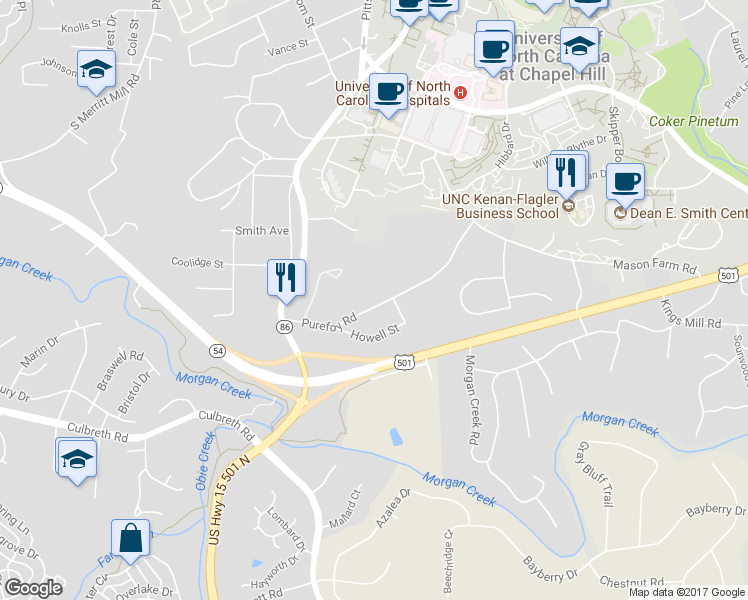 map of restaurants, bars, coffee shops, grocery stores, and more near 204 Purefoy Road in Chapel Hill