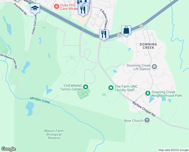 map of restaurants, bars, coffee shops, grocery stores, and more near 360 Summerwalk Circle in Chapel Hill