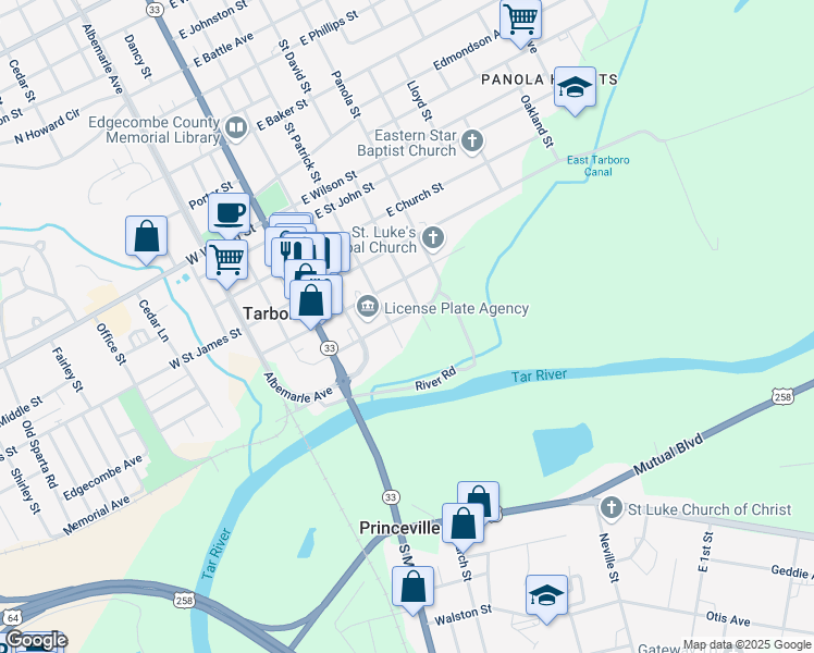 map of restaurants, bars, coffee shops, grocery stores, and more near 305 East Granville Street in Tarboro