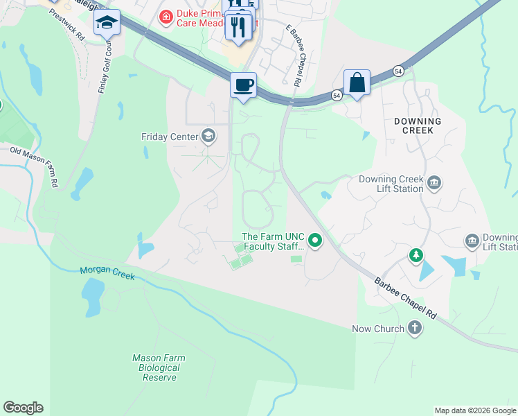map of restaurants, bars, coffee shops, grocery stores, and more near 376 Summerwalk Circle in Chapel Hill