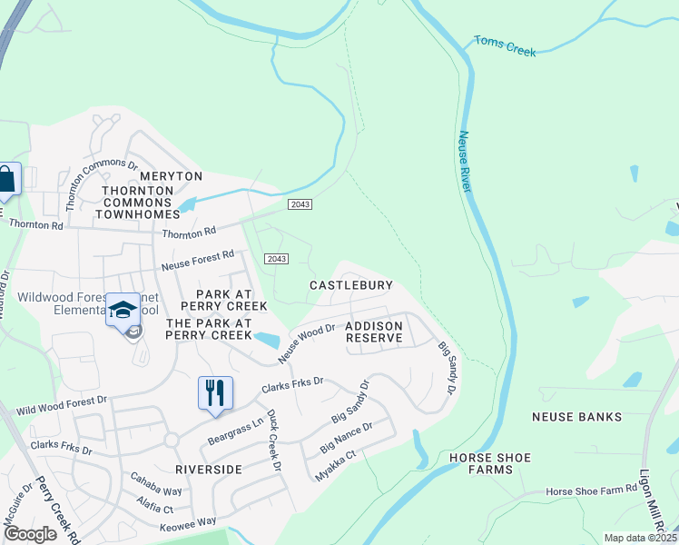 map of restaurants, bars, coffee shops, grocery stores, and more near 8541 Boysenberry Lane in Raleigh