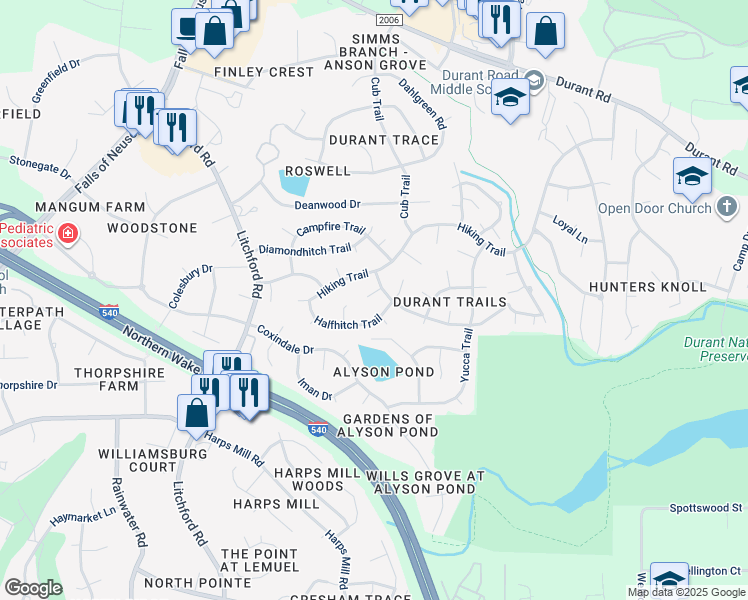 map of restaurants, bars, coffee shops, grocery stores, and more near 2608 Patriot Place in Raleigh