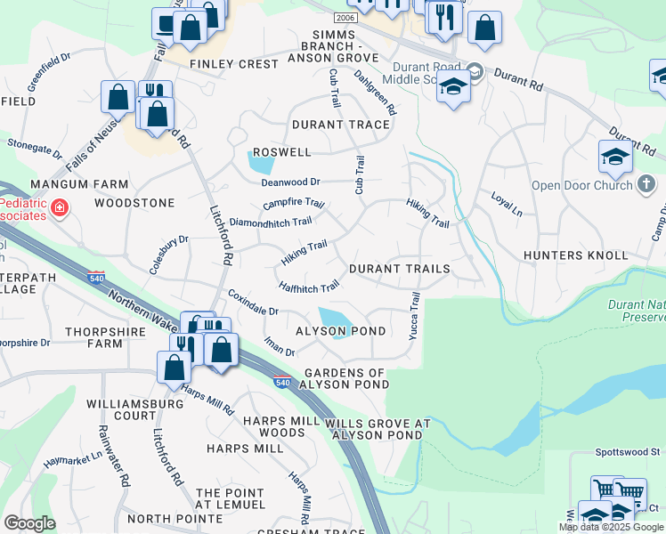 map of restaurants, bars, coffee shops, grocery stores, and more near 2608 Patriot Place in Raleigh