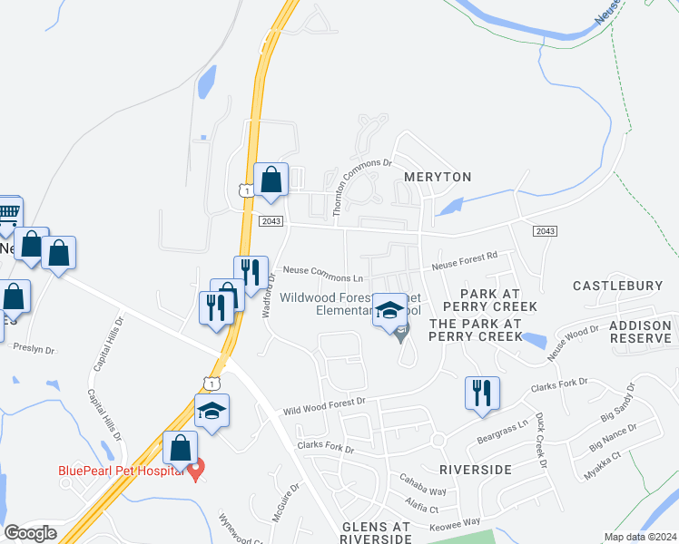map of restaurants, bars, coffee shops, grocery stores, and more near 8705 Red Canyon Way in Raleigh