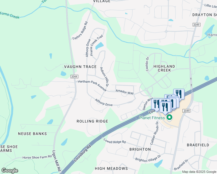 map of restaurants, bars, coffee shops, grocery stores, and more near 4208 Auburn Hills Drive in Raleigh