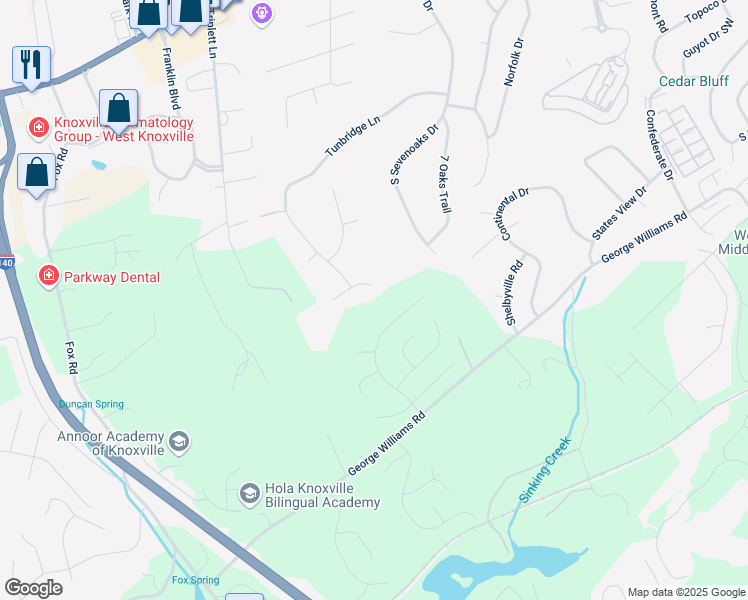 map of restaurants, bars, coffee shops, grocery stores, and more near 9708 Stone Henge Lane in Knoxville