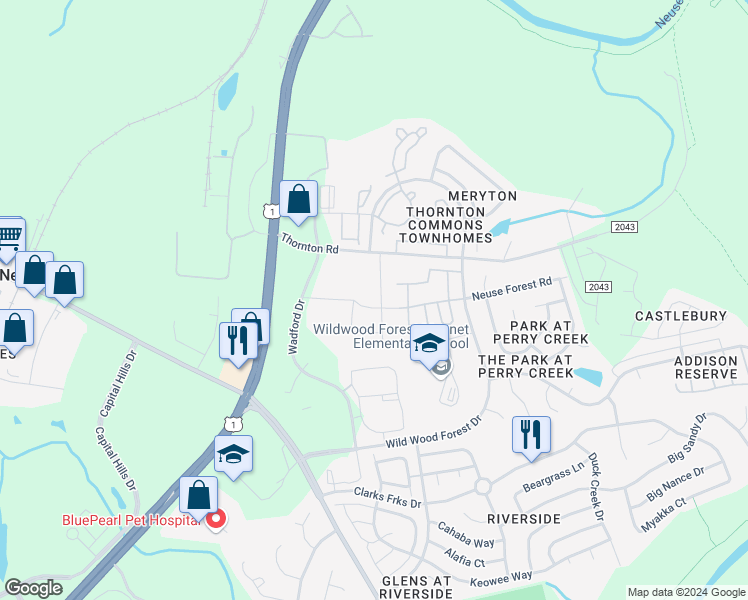 map of restaurants, bars, coffee shops, grocery stores, and more near 8705 Red Canyon Way in Raleigh