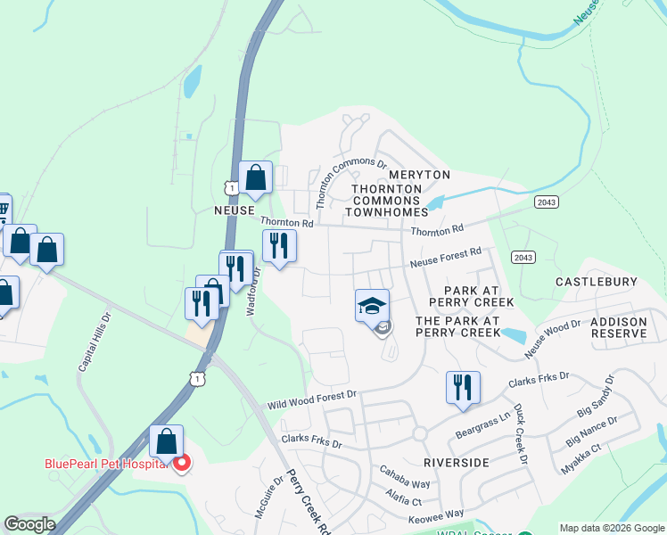 map of restaurants, bars, coffee shops, grocery stores, and more near 8704 Red Canyon Way in Raleigh