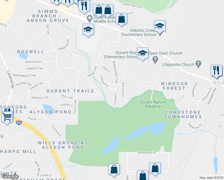 map of restaurants, bars, coffee shops, grocery stores, and more near 8730 Compass Lane in Raleigh
