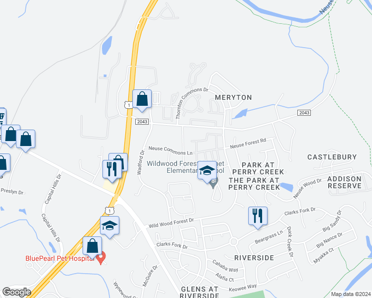 map of restaurants, bars, coffee shops, grocery stores, and more near 5051 Neuse Commons Lane in Raleigh