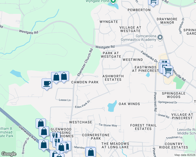 map of restaurants, bars, coffee shops, grocery stores, and more near 8982 Camden Park Drive in Raleigh