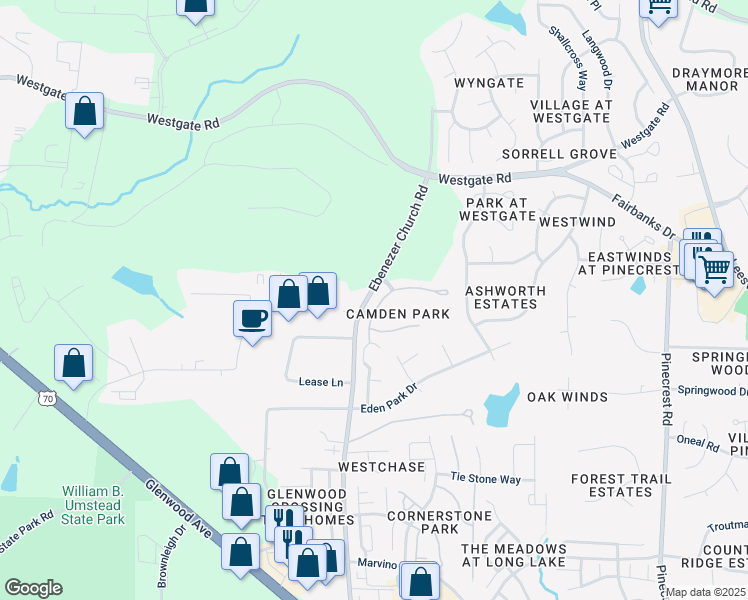 map of restaurants, bars, coffee shops, grocery stores, and more near 8825 Camden Park Drive in Raleigh