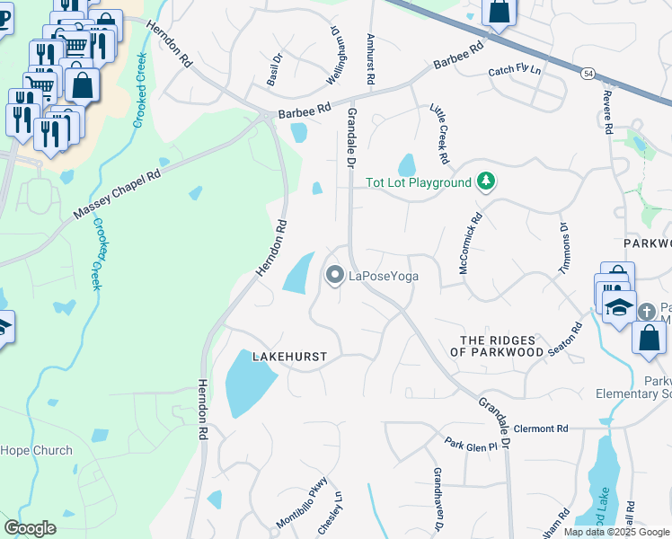 map of restaurants, bars, coffee shops, grocery stores, and more near 206 Landreth Court in Durham