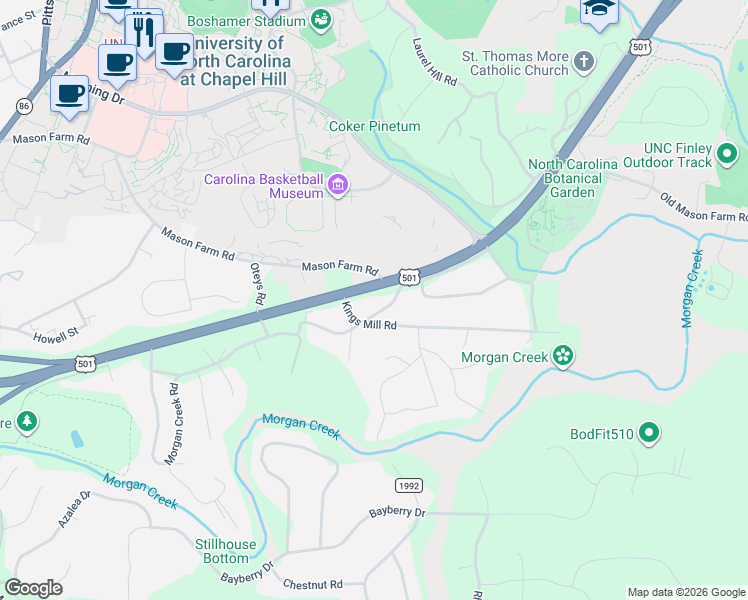 map of restaurants, bars, coffee shops, grocery stores, and more near 801 Coker Drive in Chapel Hill