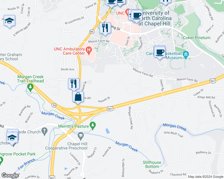 map of restaurants, bars, coffee shops, grocery stores, and more near 131 Purefoy Road in Chapel Hill