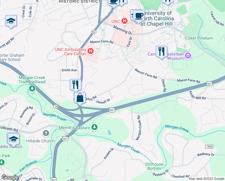 map of restaurants, bars, coffee shops, grocery stores, and more near 131 Purefoy Road in Chapel Hill