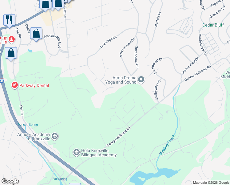 map of restaurants, bars, coffee shops, grocery stores, and more near 9708 Stone Henge Lane in Knoxville
