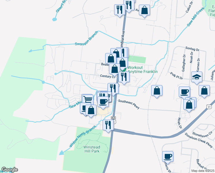 map of restaurants, bars, coffee shops, grocery stores, and more near 1000 Isleworth Drive in Franklin
