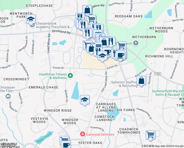 map of restaurants, bars, coffee shops, grocery stores, and more near 8602 Station Drive in Raleigh
