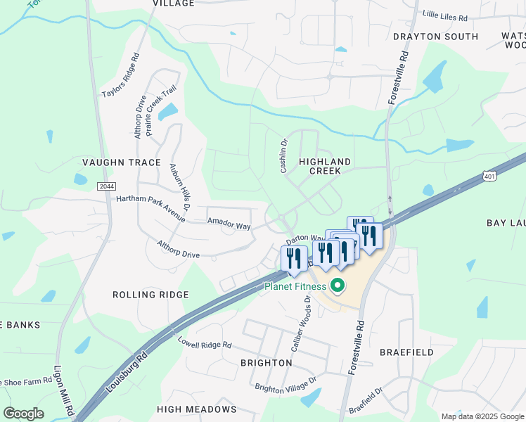 map of restaurants, bars, coffee shops, grocery stores, and more near 8403 Hartham Park Avenue in Raleigh