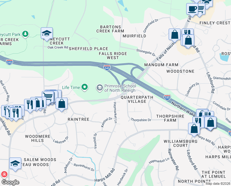 map of restaurants, bars, coffee shops, grocery stores, and more near 8701 Falls of Neuse Road in Raleigh