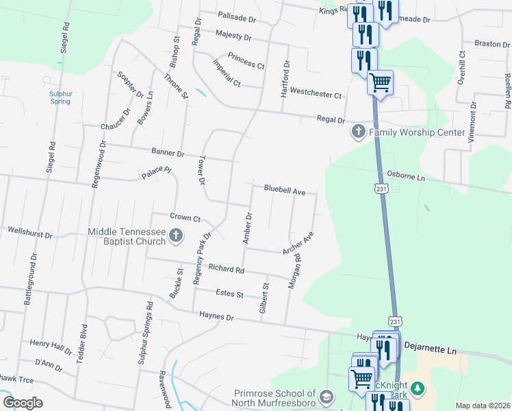 map of restaurants, bars, coffee shops, grocery stores, and more near 2802 Amber Drive in Murfreesboro