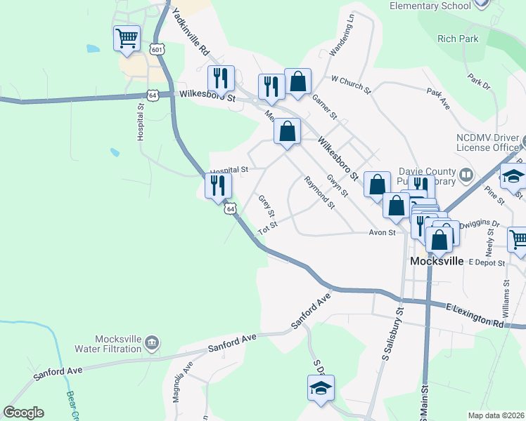 map of restaurants, bars, coffee shops, grocery stores, and more near 148 Grey Street in Mocksville