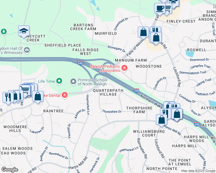 map of restaurants, bars, coffee shops, grocery stores, and more near 1713 Carrington Drive in Raleigh