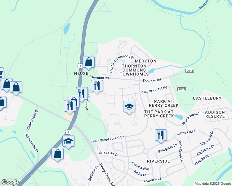 map of restaurants, bars, coffee shops, grocery stores, and more near 5051 Neuse Commons Lane in Raleigh