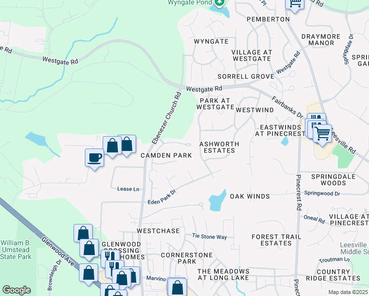 map of restaurants, bars, coffee shops, grocery stores, and more near 8962 Camden Park Drive in Raleigh
