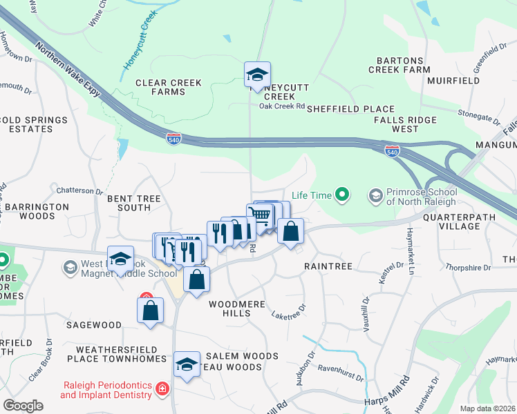 map of restaurants, bars, coffee shops, grocery stores, and more near 8409 Passage Marseille Court in Raleigh
