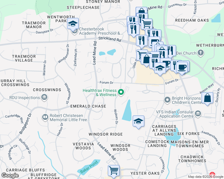 map of restaurants, bars, coffee shops, grocery stores, and more near 8300 Leyburn Court in Raleigh