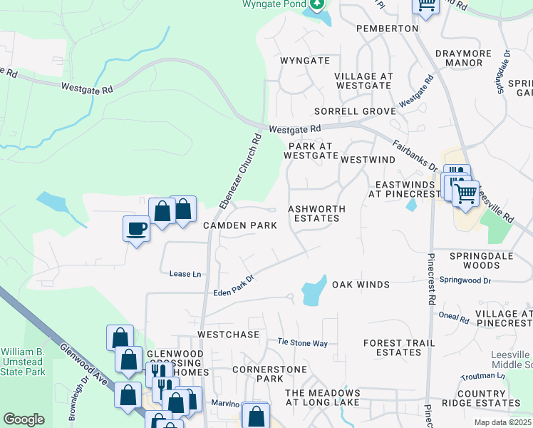 map of restaurants, bars, coffee shops, grocery stores, and more near 8962 Camden Park Drive in Raleigh