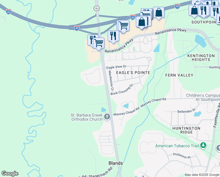 map of restaurants, bars, coffee shops, grocery stores, and more near 8108 Mackenzie Court in Durham