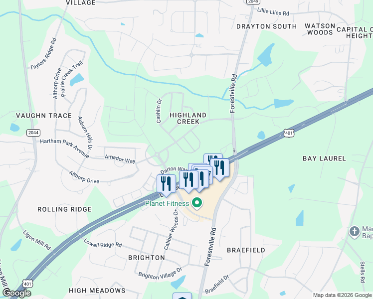 map of restaurants, bars, coffee shops, grocery stores, and more near 2814 Casona Way in Raleigh