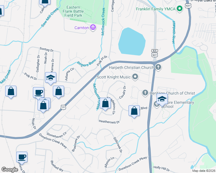 map of restaurants, bars, coffee shops, grocery stores, and more near 190 Cavalry Drive in Franklin