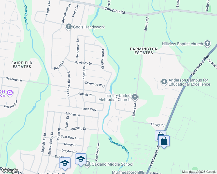 map of restaurants, bars, coffee shops, grocery stores, and more near 2067 Gardendale Drive in Murfreesboro