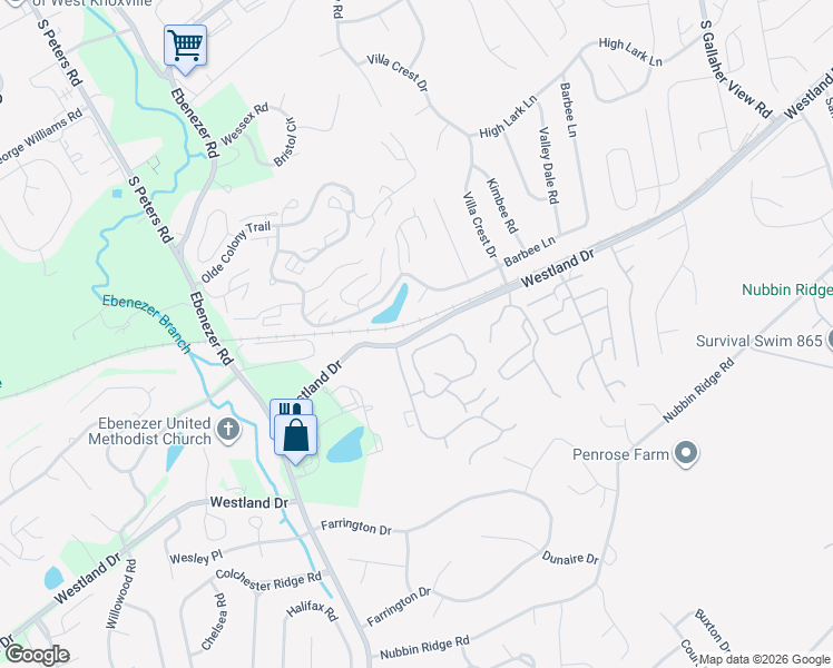 map of restaurants, bars, coffee shops, grocery stores, and more near Westland Drive in Knoxville