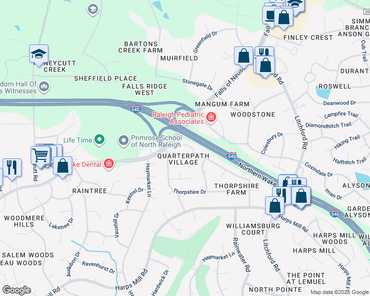 map of restaurants, bars, coffee shops, grocery stores, and more near 1710 Berwickshire Circle in Raleigh