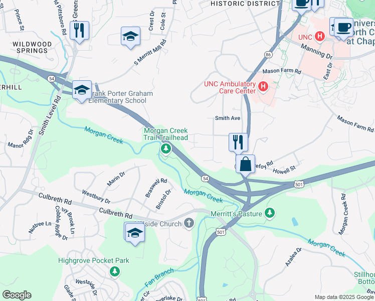 map of restaurants, bars, coffee shops, grocery stores, and more near 511 Pine Bluff Trail in Chapel Hill