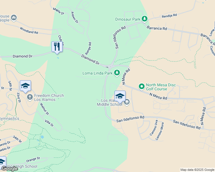 map of restaurants, bars, coffee shops, grocery stores, and more near 2181 Loma Linda Drive in Los Alamos
